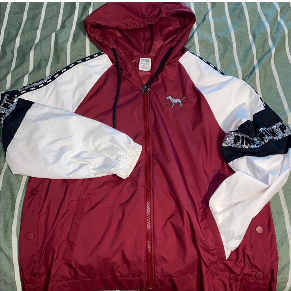 New Victoria's Secret Pink Sequin Bling WindBreaker Black, White, and Burgundy